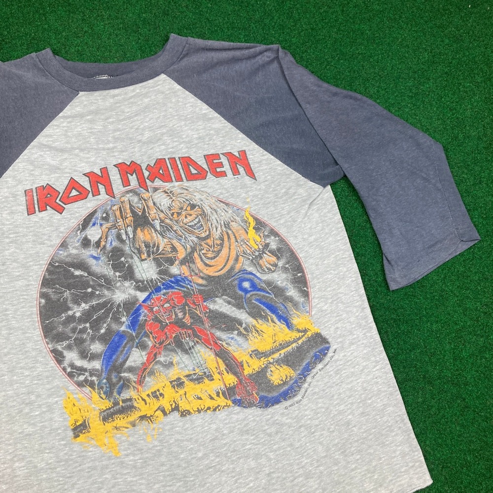 Vintage Iron Maiden Shirt Mens M Gray Blue 1982 Raglan Number Of The‎ Beast 80s